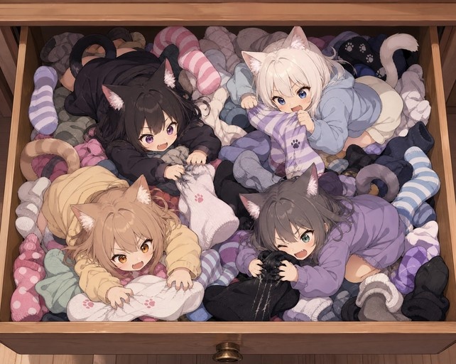 Four anime-style catgirls lying in a wooden drawer filled with colorful socks.