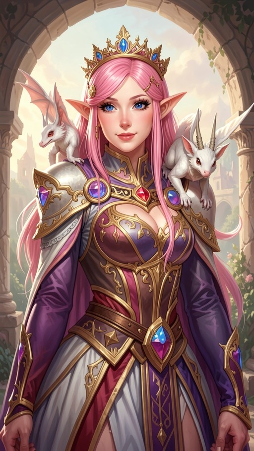 A pink-haired elf princess in purple and gold armor stands under a stone archway with two small white dragons perched on her shoulders.