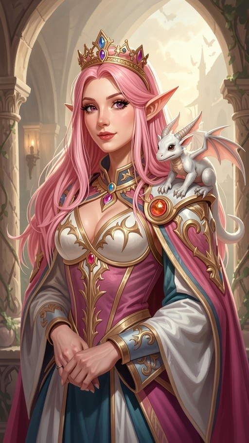 A portrait of an elf princess with long pink hair and a golden crown, wearing white and gold armor. A small white dragon sits on her shoulder in front of a stone archway.