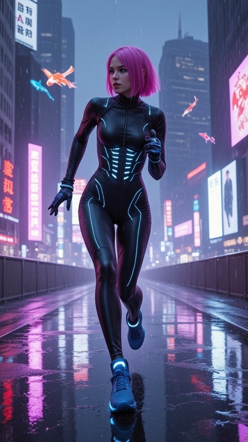 A woman with short pink hair runs through a rainy cyberpunk city wearing a black bodysuit with blue neon lights and holographic fish swim nearby.