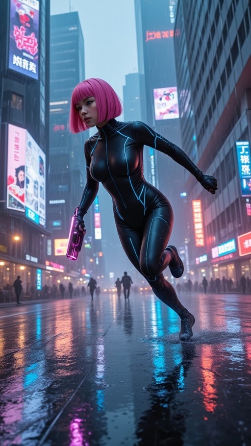 A woman with short pink hair runs through a rainy city street at night wearing a black bodysuit and holding a glowing gun.