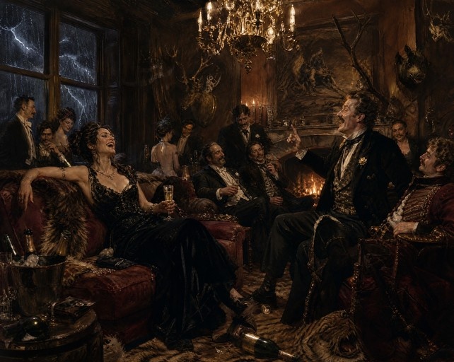 A group of people in formal Victorian attire drinking champagne and laughing in a dimly lit room with a chandelier while lightning strikes outside.