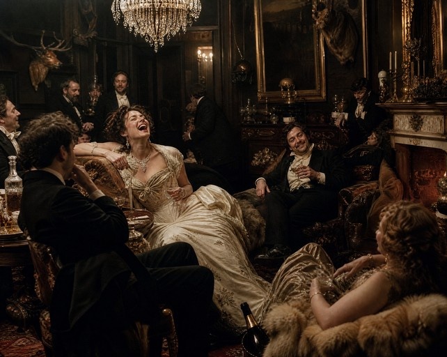 A woman in a white evening gown laughs while reclining on a sofa at a lavish formal party with men in tuxedos and a crystal chandelier overhead.