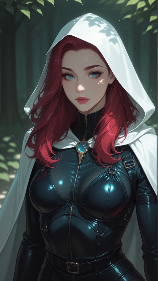Red-haired woman with blue eyes wearing a shiny black bodysuit and white hooded cloak in a forest.