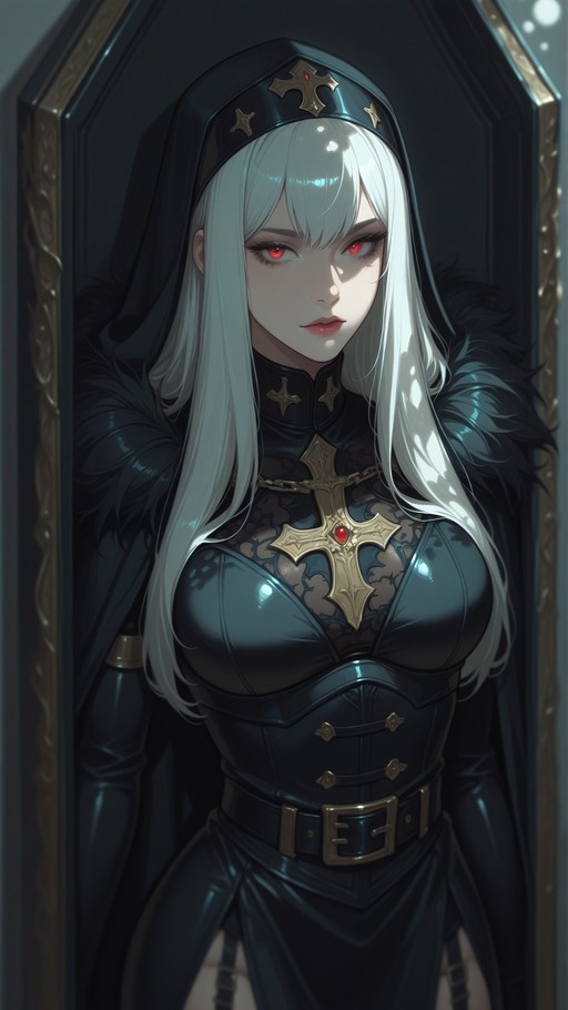 A pale woman with long white hair and glowing red eyes stands inside a dark coffin wearing a black stylized nun's habit adorned with gold crosses and fur trim.