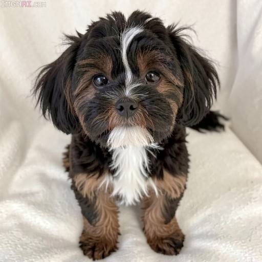A close-up of a fluffy Maltipoo puppy with black, brown, and white fur sitting on a white blanket and looking at the camera.