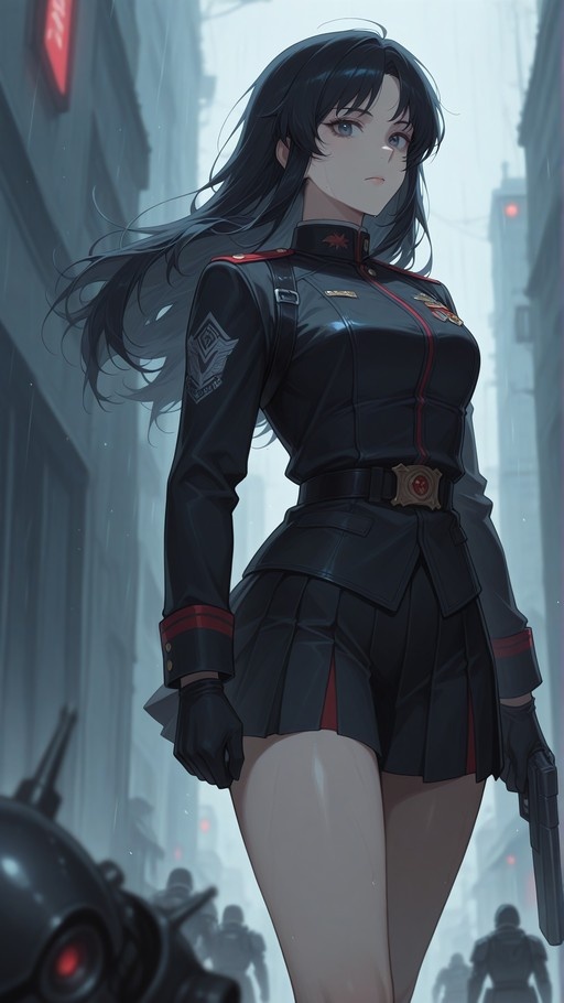 An anime-style illustration of a woman with long black hair in a black and red military uniform holding a gun in the rain near a robot.
