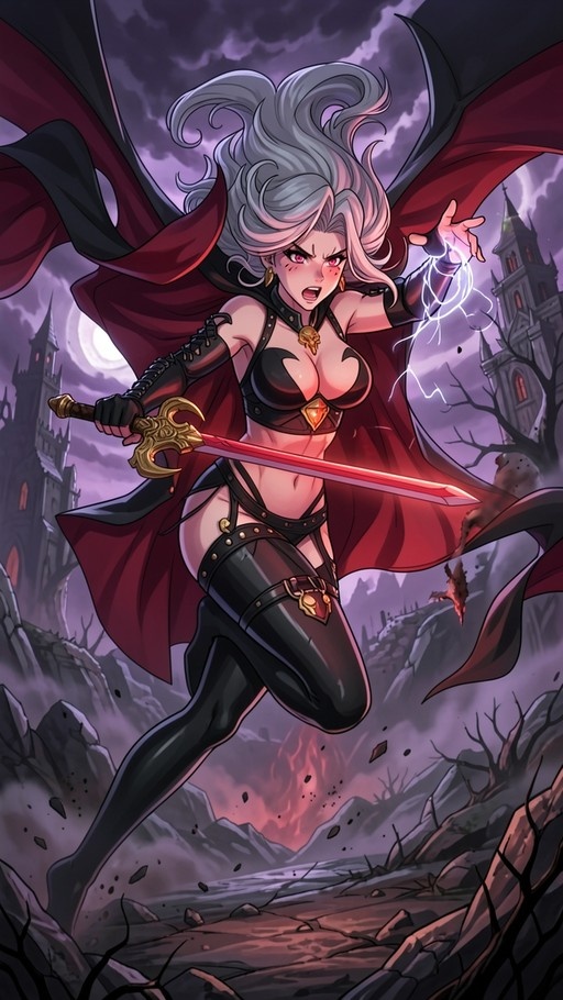 A fierce female warrior with long silver hair and red eyes leaps forward holding a glowing sword and crackling lightning, wearing a black outfit and red cape against a dark gothic landscape.