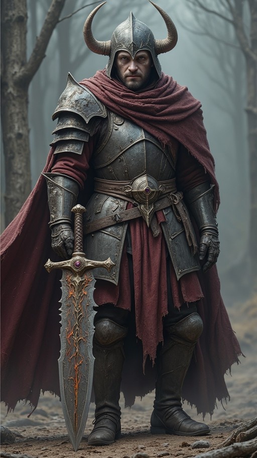 A full-body shot of a fantasy warrior wearing a horned helmet and weathered metal armor with a tattered red cape, standing in a foggy forest while holding a large sword with glowing orange veins in the blade.