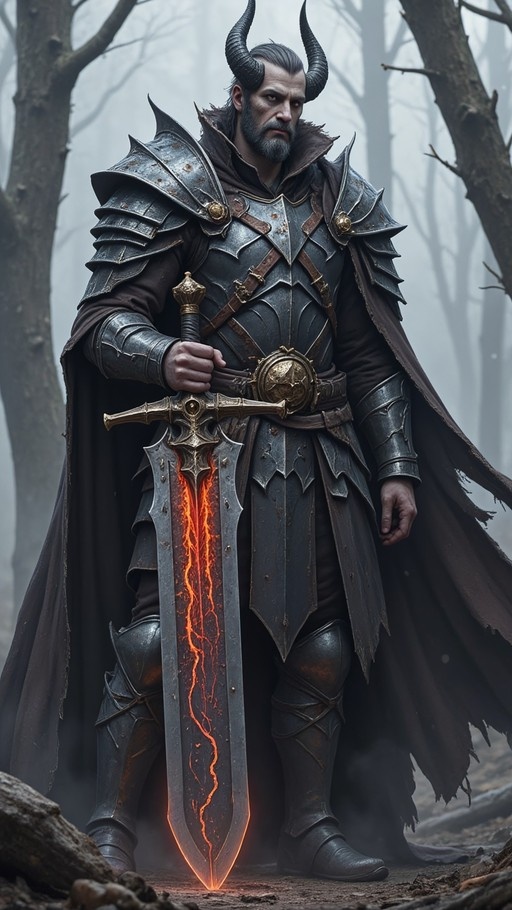 A full-body shot of a horned warrior in black spiked armor holding a large sword with a glowing orange core in a foggy forest.