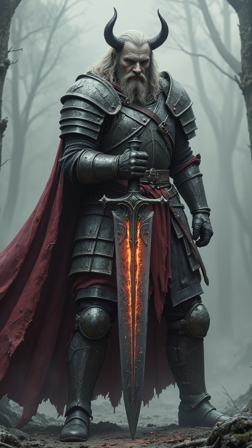 A horned fantasy warrior with long white hair and a beard stands in a misty forest, wearing heavy black plate armor and a red cape while holding a large sword with a glowing orange blade.