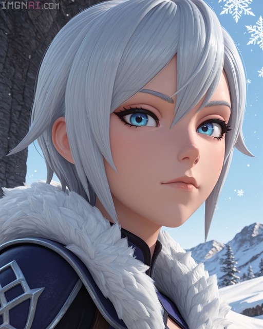 Close-up of a silver-haired woman with blue eyes wearing a fur-collared outfit in a snowy mountain setting.