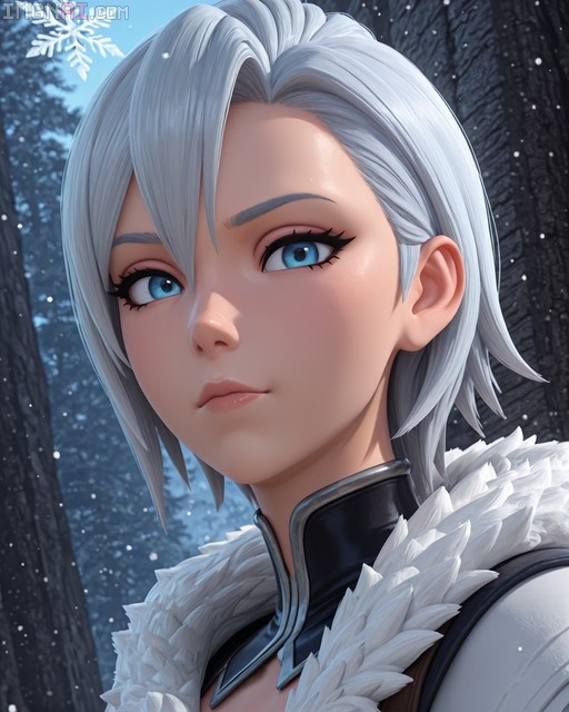 Close-up portrait of a fierce silver-haired woman with blue eyes wearing a fur-trimmed cloak in a snowy forest.