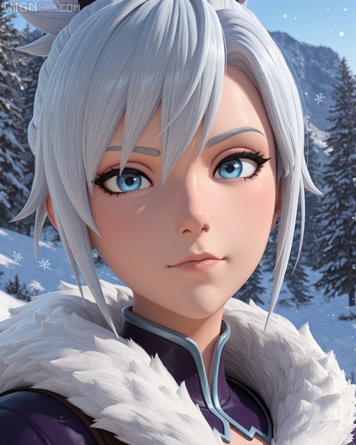 Close-up of a silver-haired woman with blue eyes wearing a white fur collar in a snowy mountain setting.