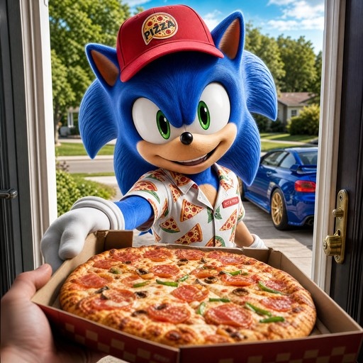 Sonic the Hedgehog wearing a red hat and pizza shirt holding a box of pepperoni pizza at an open front door with a blue car in the background.