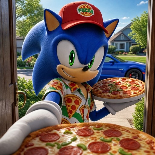 Sonic the Hedgehog in a red cap and pizza-themed shirt handing a pepperoni pizza through an open doorway.