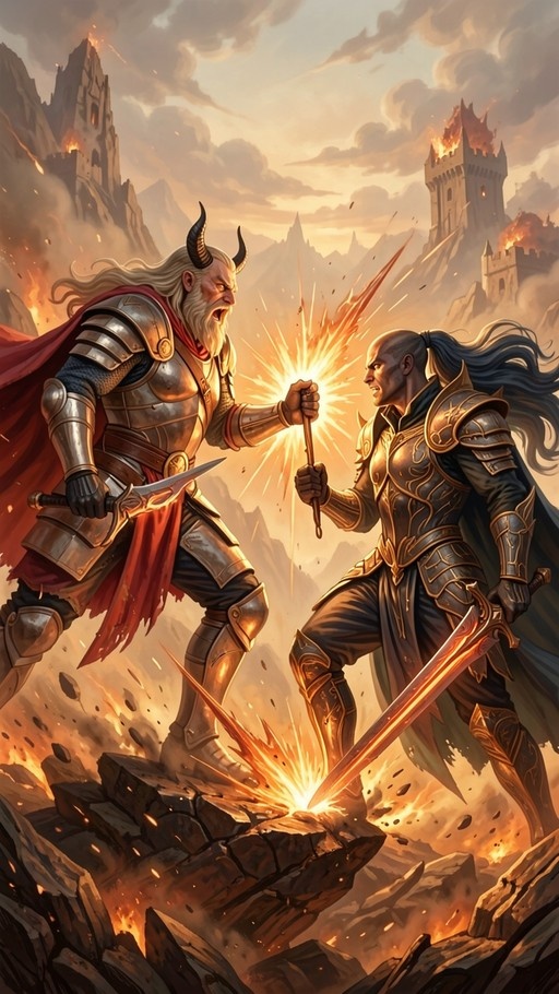 Two armored fantasy warriors clash weapons on a rocky cliff, creating sparks, while burning castles stand on mountains in the background.