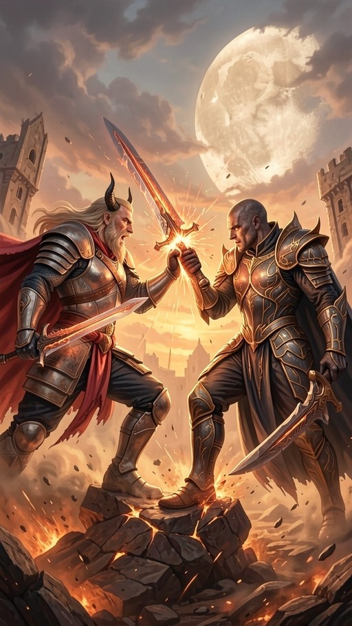 Two armored warriors clashing swords with sparks flying under a large moon.