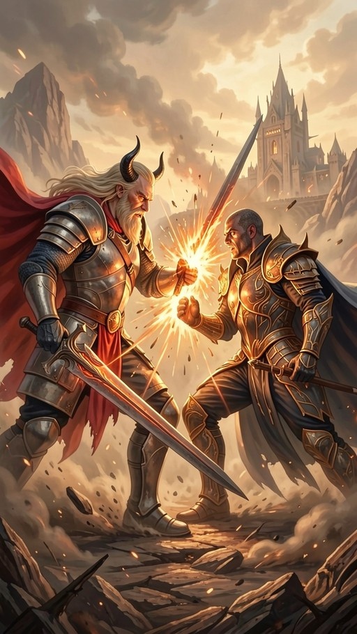 Two armored men clashing swords with sparks flying, one with horns and a red cape, the other bald in gold armor, with a castle in the background.