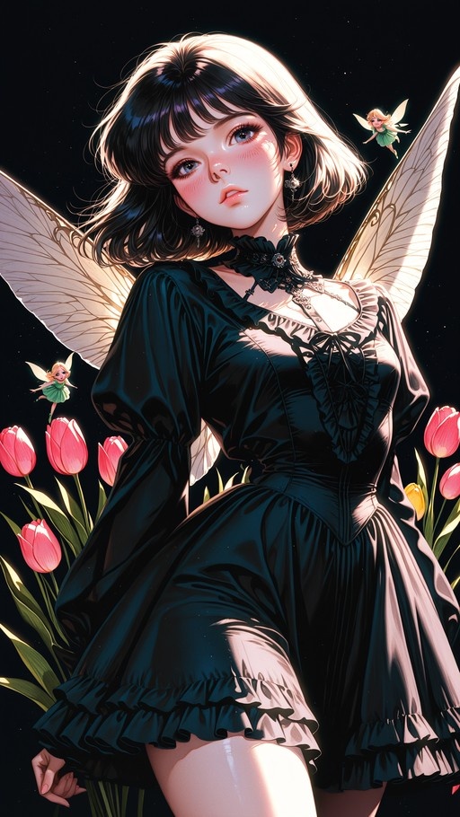 A young woman with short black hair and large translucent wings wears a frilled black dress while standing among pink tulips as tiny fairies fly nearby against a dark background.