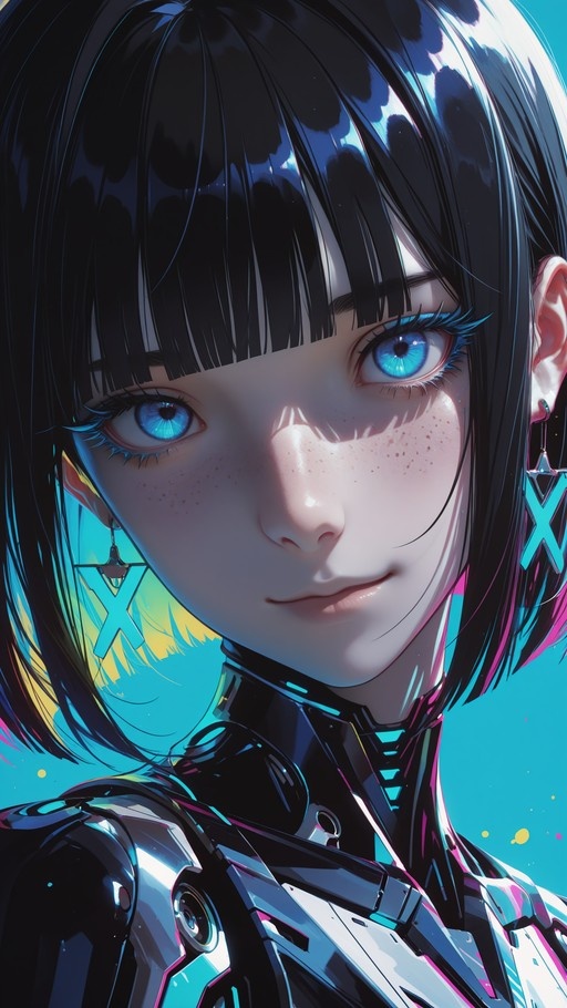 Close-up portrait of an anime girl with short black hair, blue eyes, freckles, and large cross earrings wearing futuristic metallic armor.