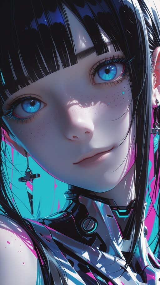 Close-up portrait of a cyberpunk anime girl with black hair, blue eyes, freckles, cross earrings, and futuristic armor against a neon background.