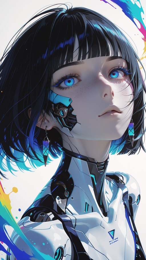 A female android with short black hair and blue eyes has a mechanical jawline and wears a futuristic white bodysuit.