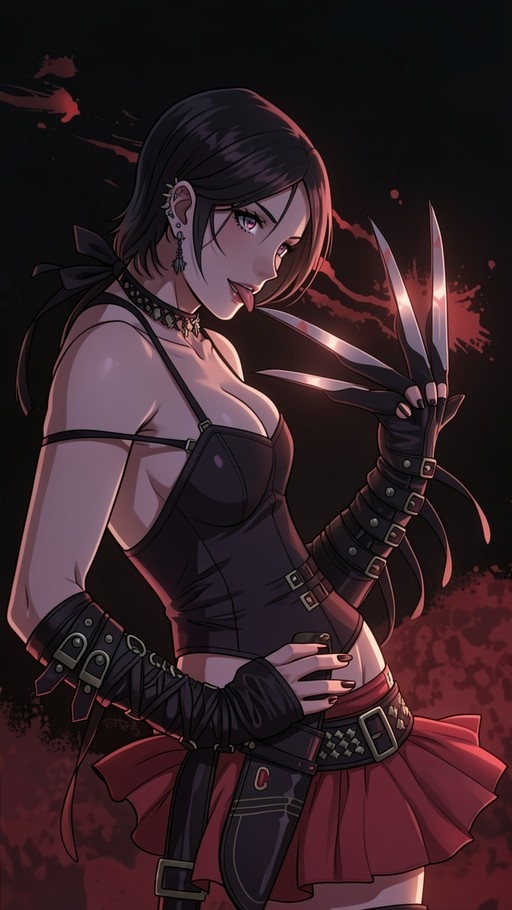 An anime-style illustration of a young woman with short black hair and purple eyes sticking her tongue out while displaying large metal claws on her left hand. She wears a black corset, red skirt, and fingerless gloves against a dark background with red accents.