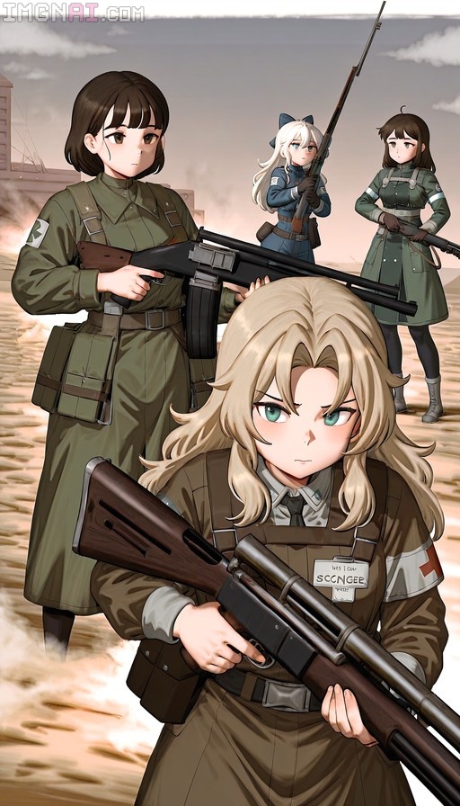 Four anime girls in World War II military uniforms holding weapons in a field