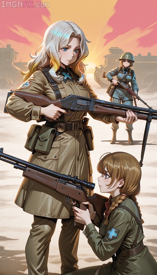 Three anime-style female soldiers in World War II uniforms holding rifles and a shotgun in a desert landscape at sunset.