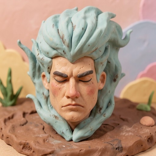 A clay sculpture of Jonathan Joestar with closed eyes and a dirt-covered face, emerging from brown mud.