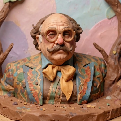 A claymation-style bust of an elderly man with a mustache and glasses, wearing a yellow bowtie and patterned jacket, emerging from the ground.