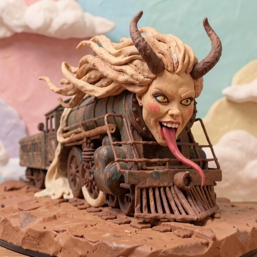 A detailed clay sculpture of a horned female train engine with blonde hair and yellow eyes sticking out a long pink tongue.