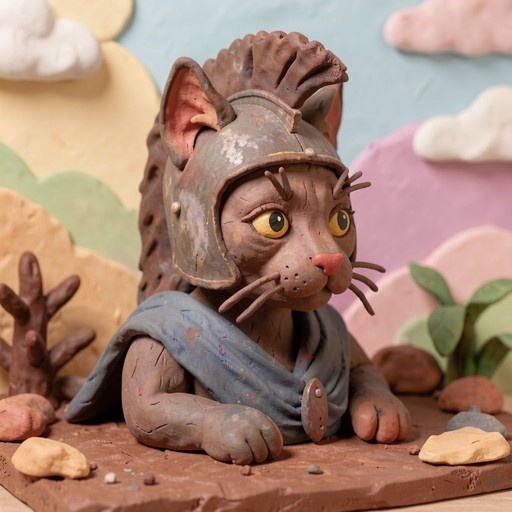 A brown clay cat knight wearing a helmet and blue cape lying in a pastel landscape