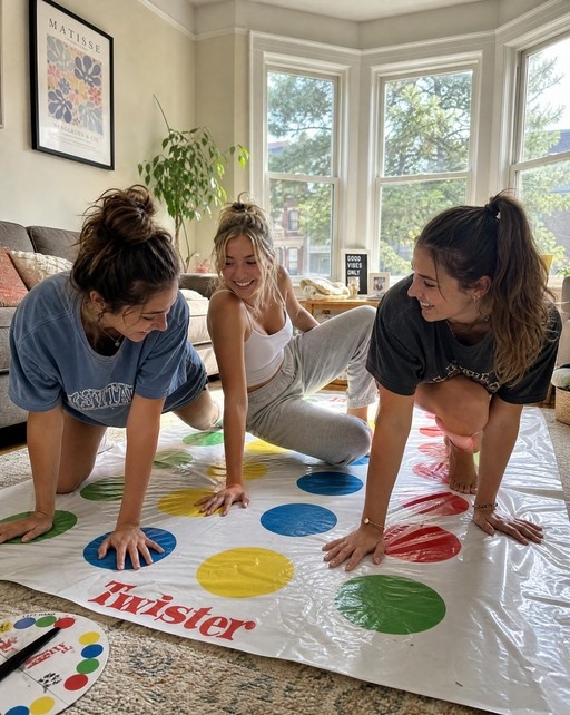 Three smiling young women playing Twister on a living room floor, reaching for colored circles on the game mat.