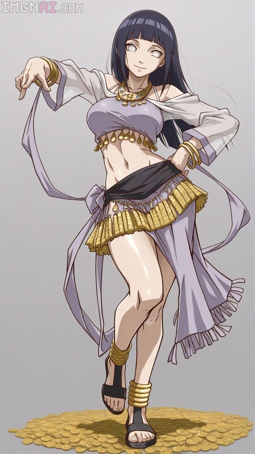Hyuuga Hinata from Naruto wearing a purple and gold Arabian dancer costume with a coin skirt, standing on a pile of gold coins against a grey background.