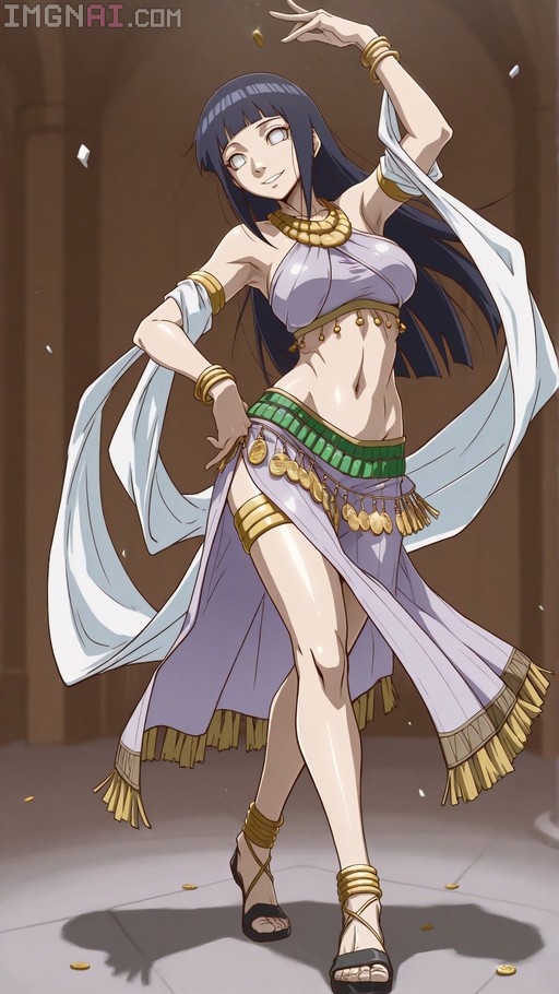Hyuuga Hinata from Naruto dances in an Arabic-style costume with a coin skirt and tosses a coin.