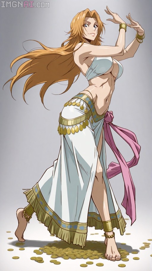 Matsumoto Rangiku from Bleach dances barefoot in a white and gold coin skirt with long flowing hair against a grey background.