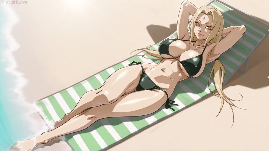 Tsunade from Naruto lying on a striped beach chair in a black bikini
