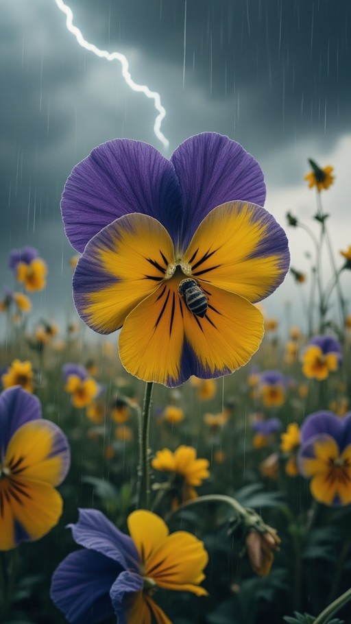A close-up of a purple and yellow pansy with a bee on its petal during a rainy storm with lightning in the background.
