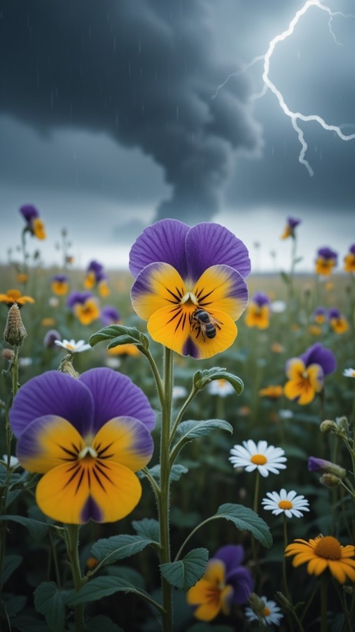 Purple and yellow pansies with a bee in a stormy field.