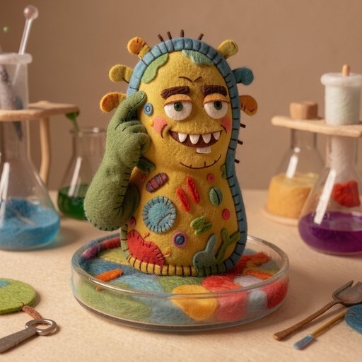 A yellow felt monster with green eyes and sharp teeth sits in a glass petri dish filled with colorful wool, surrounded by laboratory beakers.