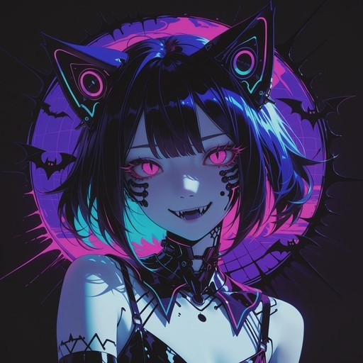 Anime girl with mechanical cat ears, pink slit eyes, and fangs standing in front of a purple background with bat silhouettes.