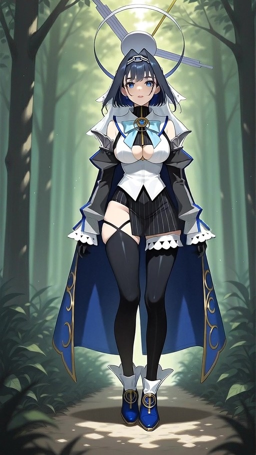 Ouro Kronii walks down a sunlit forest path wearing her signature blue and white outfit with a halo.