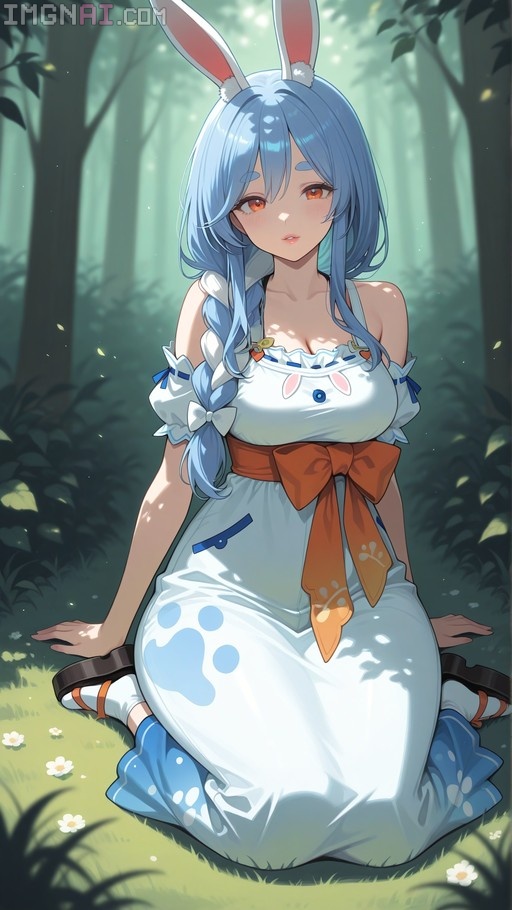 Usada Pekora sitting on grass in a sunlit forest wearing a white dress and rabbit ears.