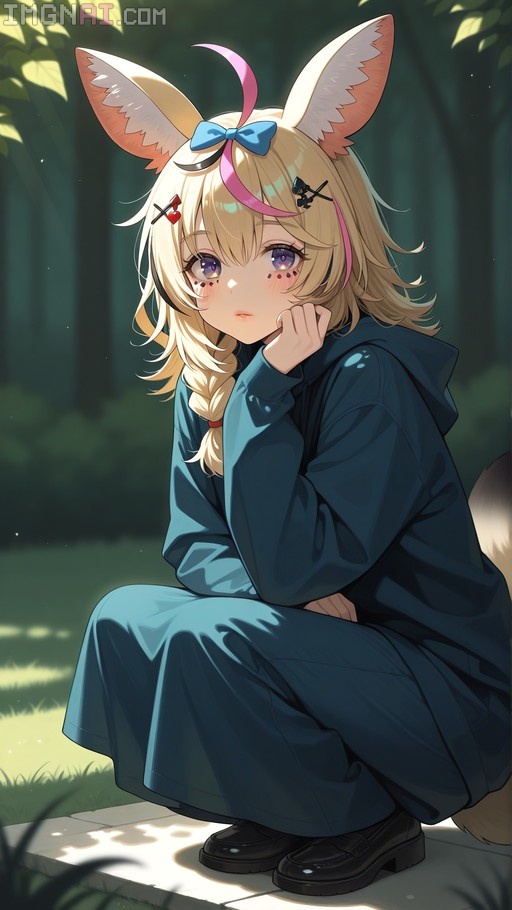 Omaru Polka with fox ears and blonde hair squatting on a stone path in a forest.