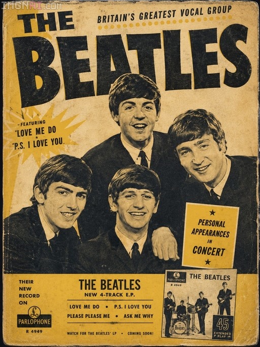 A vintage-style poster featuring four smiling men in suits representing The Beatles, with bold text advertising their music and concerts on a textured beige background.