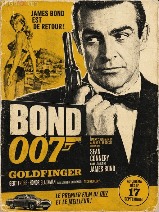 Vintage French-style movie poster for James Bond 007 Goldfinger featuring Sean Connery with a gun and Honor Blackman in a bikini.