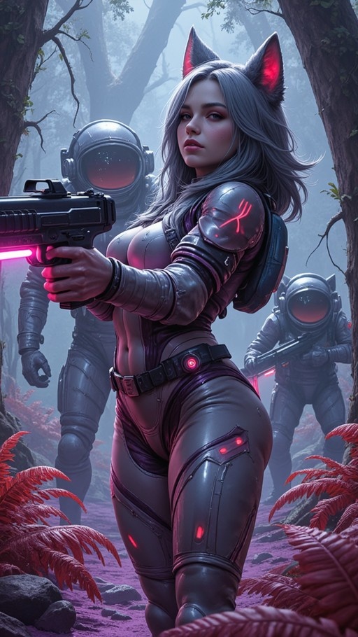 A cat-eared woman in futuristic armor aims a laser gun in an alien forest with space soldiers behind her