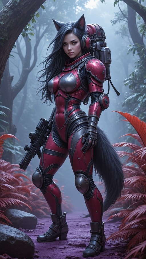 Full body illustration of a cat-eared woman in red armor holding a gun in a foggy forest with purple ground.